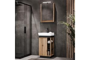 ‎PLANETMÖBEL Planetmöbel Nyx Badmöbel Set 3-teilig Waschtisch mit Unterschrank 50 x 85,9 x 42 cm Wotan Eiche/Anthrazit inkl. Spiegelschrank 50 x 65 x 11,4 cm mit LED Aufbauleuchte & Bad-Armatur in schwarz