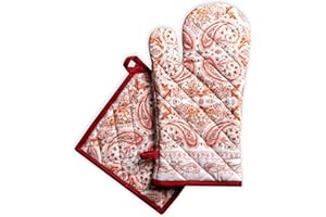 Maison d' Hermine Orient Set Gant de Cuisine 100% Coton + Manique (20cm x 20cm) pour Barbecue Cuisson Grill Micro-Ondes Automne Hiver