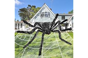 COSMETI Halloween Spider Web Decorations, 59’’ Giant Halloween Spider, 197'' Triangular Spider Web, Realistic Scary Fake Large Hairy Spider Props Set, Halloween Decoration Set for Indoor Outdoor Garden Yard
