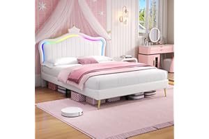 JOVIFY 4ft6 Double Bed Frame Upholstered Platform Bed with LED Adjustable Crown Shape Headboard,Wood Slat Support,No Box Spring Needed,PU Leather Youth Beds for Adults Kids Teenagers,Cream White,135x190 cm