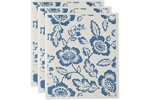 DII Swedish Dishcloths for Kitchen & Cleaning, Reusable, Machine Washable & Dishwasher Safe, Biodegradable, 7.75 x 6.75, Blue Floral, 3 Piece