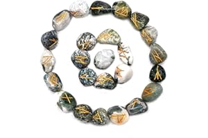 NEW AGE HEALINGS Tree Agate Runes Stone Set with Velvet Pouch and Instruction EBook ~ Elder Futhark Runes Engraved Pagan Viking Symbols for Reiki Healing, Crystal Grid & Energy Balancing