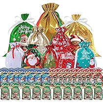 HugeDE 10 Pcs Foil Drawstring Bags Christmas Wrapping Bags Halloween Candy Pouches Birthday Party Goodie Bags For Presents Party Favor