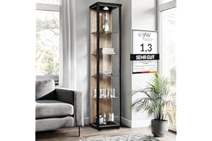 ‎K-MÖBEL K-Möbel Glasvitrine Stehend (176x37x33cm) - Made in Germany - Vitrinenschrank Schwarz/Sonoma Eiche mit 4 höhenverstellbaren Glasböden & LED - Vitrine Glas stehend - Glasschrank - Cabinet