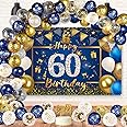 60th Birthday Decorations Men, SWPEED 60th Birthday Decorations Kit Include Blue Gold Happy 60th Birthday Banner, Navy Blue Gold Confetti Balloons, 60th Sign Poster Birthday Photo Background