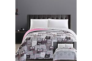 DecoKing 32350 Tagesdecke 220x240 cm Mikrofaser Bettüberwurf Steppung zweiseitig pflegeleicht beige Hellbraun kakaobraun braun grau Stahl anthrazit Grafit schwarz weiß rosa Katzen Cats' Invasion