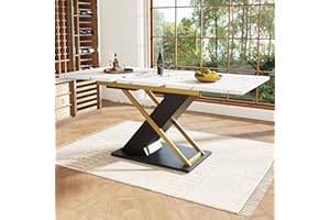 Merax Dining table 120-160×80x75.4cm, Extendable Kitchen Table, elegant modern Marble Table design, gold cross legs, for 6-8 People, for Home & Office, white/gold