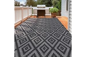 GOTGELIF Outdoor Rugs for Garden Patio Waterproof, Plastic Straw Rug Reversible Mats, Portable Indoor Outdoor Camping Rugs Picnic Blanket for Backyard, RV, Beach, BBQ (9' x 12', Black&Grey Rhombus)