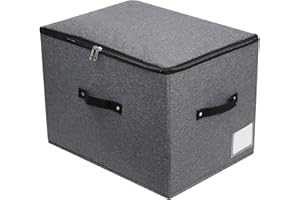 OMYGARDEN Caja de almacenamiento de tela plegable con tapa de cremallera, mango, mantas de ropa, colchas, cesta de almacenamiento organizador para dormitorio, armario, estante de 44x33x31cm, Gris negro