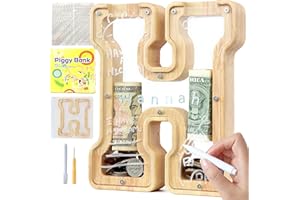Lakpopya Spardose Kinder Buchstaben aus Holz für A-Z Personalisiert Sparschwein Durchsichtig Alphabet Sparbox, Geschenk Dekoration Taufe für Jungen Mädchen (H)