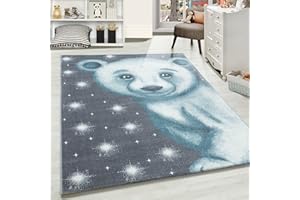 ‎CARPETSALE24 Carpetsale24 Kinderteppich Modern Bären Design Blau und Grau 160 cm Rund - Kurzflor Teppich Kinderzimmer Waschbarer Spielteppich Babyteppich für Junge und Mädchen Extra Weich und Antiallergen Runder