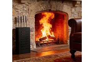 Kingson - Juego de herramientas para chimenea de hierro negro con cubo de cenizas rectangular – 4 herramientas colgantes (atizador, cepillo, pala, pinzas) – Juego compacto de herramientas para