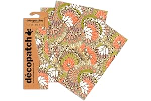 DECOPATCH Décopatch C582O - Une pochette de 3 feuilles de papier imprimé 30x40 cm, Plumes de paon orange