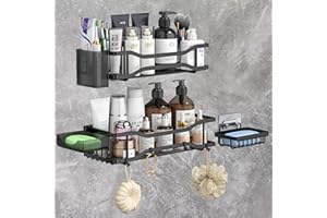 ADOV Lot de 3 étagères de douche en acier inoxydable avec adhésif, grande étagère de douche avec porte-savon et crochets, sans perçage, pour organisation murale