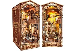BuzzoXerex DIY Book Nook, Fermalibri in Legno 3D con Copertura Antipolvere, DIY Miniature Kit con Luce LED Manuale per Arredare le Librerie e fare Regali Creativi (Mondo Magico)