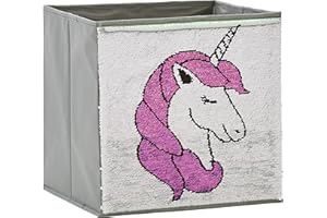 ‎LOVE !T STORE !T LOVE IT STORE IT Aufbewahrungsbox für Kinder - Spielzeugbox mit Wendepailetten - Verstärkt mit Karton - Grau mit Einhorn in türkis oder rosa - 32x32x32 cm