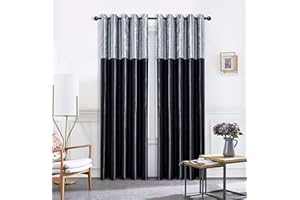 ROOEE Crushed Velvet Faux Silk Curtains - Eyelet Ring Top and Fully Lined (Black Silver, 66" Wide x 90" Drop)
