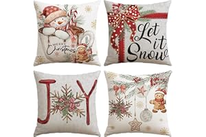 Artscope Zestaw 4 czerwonych świątecznych poszewek na poduszki 50 x 50 cm zima, Boże Narodzenie, dekoracyjna poszewka na poduszkę na sofę, salon, dekoracja świąteczna (czerwony – bałwan i piernikowy