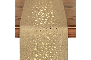 GEBETTER Camino de Mesa Navidad 28x275cm Poliéster Color Arpillera Yute Lino Marrón Rústico Estrellas Doradas Decoración Mesa Adorno Navideño Chimenea Manualidades Regalo Fiesta (Marrón Dorado)
