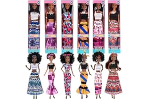 dollbie 6 Pack 11.5 inch African American Black Toy Doll Playset with Fashion Outfits Design and Accessories like Cronw Necklace Headsarf (Gift Box Package)