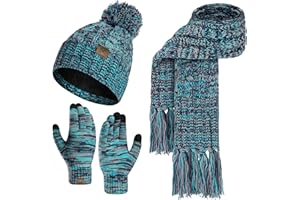INSISMY Hat Scarf Gloves Set Women's Beanie Hat Long Scarf and Thermal Touch Screen Gloves Set 3 PCS Soft Warm Winter Knitted Pom Cap Set for Ladie