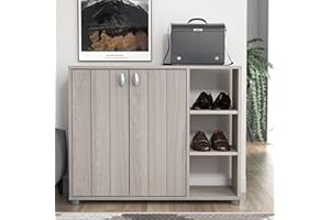 Galano Hansel 12 Pairs Cabinet – 2 Door Storage Unit, Modern Organizer for Hallway – Warm Grey Oak