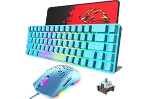 KUIYN Tastiera da Gioco Meccanica Compatta al 60% 18 luci RGB Cablate Tipo C 68 Tasti + Mouse da Gioco Ottico a Nido d'ape 6400 DPI + di Tappetini per Mouse, per PC/laptop/Mac (Blu/Blu Interruttore)