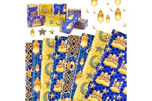 HOWAF 8 Papier Cadeau Eid Mubarak Papier Cadeau Ramadan Mubarak Decoration, Papier Eid Mubarak d'Emballage de Eid Papier Ramadan Mubarak Emballage Cadeau Papier pour Islamique Musulman, Or Bleu