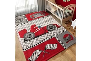 Carpettex Teppich Tapis pour Enfants avec Un Design de Voitures de Course pour la Chambre de bébé, Facile à Entretenir, Couleur: Rouge, Taille: 140 x 200 cm