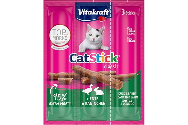 VITAKRAFT- Cat Stick Classic, Friandises Pour Chats, Stick Au Canard Et Lapin, Format Économique, Sans Sucres Ajoutés, (1 Paquet De 3X6G)
