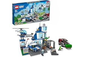 LEGO City Posterunek policji, zabawka dla dziecka do zbudowania z furgonetką, śmieciami i śmigłowcem, 5 minifigurek do zabawy w policjanta, pomysł na prezent dla 6-latka, chłopca i dziewczynki, 60316