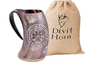 DIVIT HORN Divit Autentico Cuerno Vikingo jarra - 24 oz. de capacidad (Vegvisir, Polished)