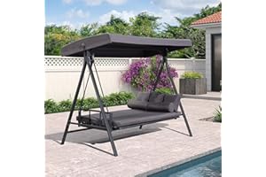 PURPLE LEAF Balancelle de Jardin 3 Places Convertible Inclinaison Toit Réglable, XL Balancelle de Jardin Hamac avec 5 Coussins, Gris