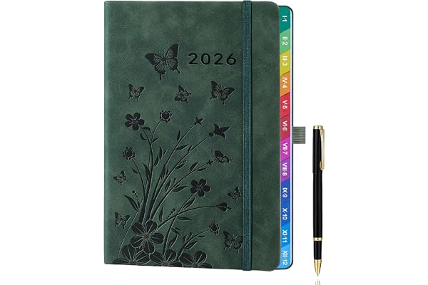 Agenda semainier A5 2026 (janv. à déc.) – Design floral vert SeeGreen avec onglets mensuels colorés, boucle et porte-stylo élastique, pochette intérieure – Planificateur hebdomadaire élégant