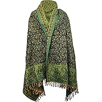 Winterschal Aus Yakwolle - Handgewebt Oversized Schal Mit Blätterdruck (Grün)