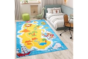 TAPISO Flannel Alfombra Antideslizante Lavable Diseño Moderno Barco Pirata Isla del Tesoro Azul Amarillo Alfombra Infantil para Niños Alfombra de Juegos Oeko-Tex 80 x 150 cm