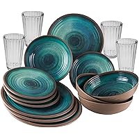Melamin Geschirrset für 4 Personen Ton Optik blau grün mit Gläser - Campinggeschirr - Trinkglas - Kristall Wasserglas…