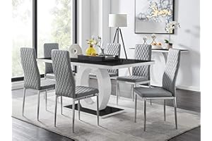 Furniturebox UK - Giovani Modern Black/White High Gloss Glass Dining Table Set and 6 Contemporary Milan Chairs Set (Dining Table + 6 Grey Milan Chairs)