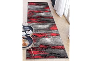‎CARPETO RUGS Carpeto Rugs Teppich Läufer Flur - Modern Teppichläufer – Kurzflor, Weich - für Küche Vorzimmer Eingangsbereich Schlafzimmer - Meterware 80 cm Breit - Grau Rot 80 x 200 cm