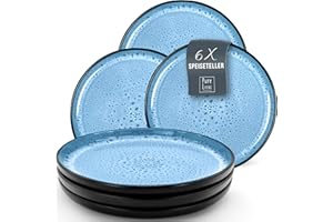 Steingut Teller groß 6er Set Ibiza TEST SEHR GUT - Edle Speiseteller spülmaschinen- und mikrowellenfest - Geschirrset 6 Personen, Essteller – Pure Living schwarz mit Tiefblau