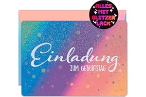 CALLUNA PRODUKTE MIT HERZ CALLUNA® – 12 Einladungskarten zum Kindergeburtstag mit Glitzerlack und bunten Versandhüllen – Bunte Einladung zur Geburtstagsfeier – Geburtstagseinladungen – Partyeinladungen – Glitzerkarte