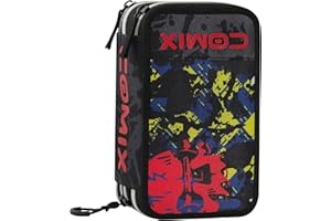 COMIX WBS - Astuccio Scuola, Astuccio 3 Scomparti per Bambini, con Set Cancelleria Incluso, Cover Rigida con Maxi Logo in Rilievo e Tirazip in Metallo, 20 x 13h x 7 cm, Skull