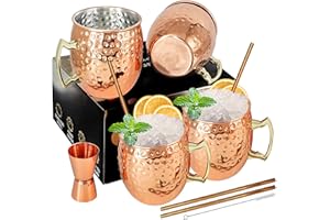 SuproBarware Moscow Mule Lot de 4 tasses avec doseur de 0,6 cl en acier inoxydable plaqué cuivre 530 ml Parfait pour les boissons froides