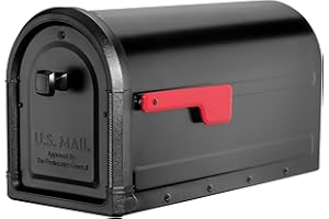 ARCHITECTURAL MAILBOXES 7900-5B-R Roxbury Post Mount Mailbox Black with Premium Cast Aluminum Knob and Red Flag, M