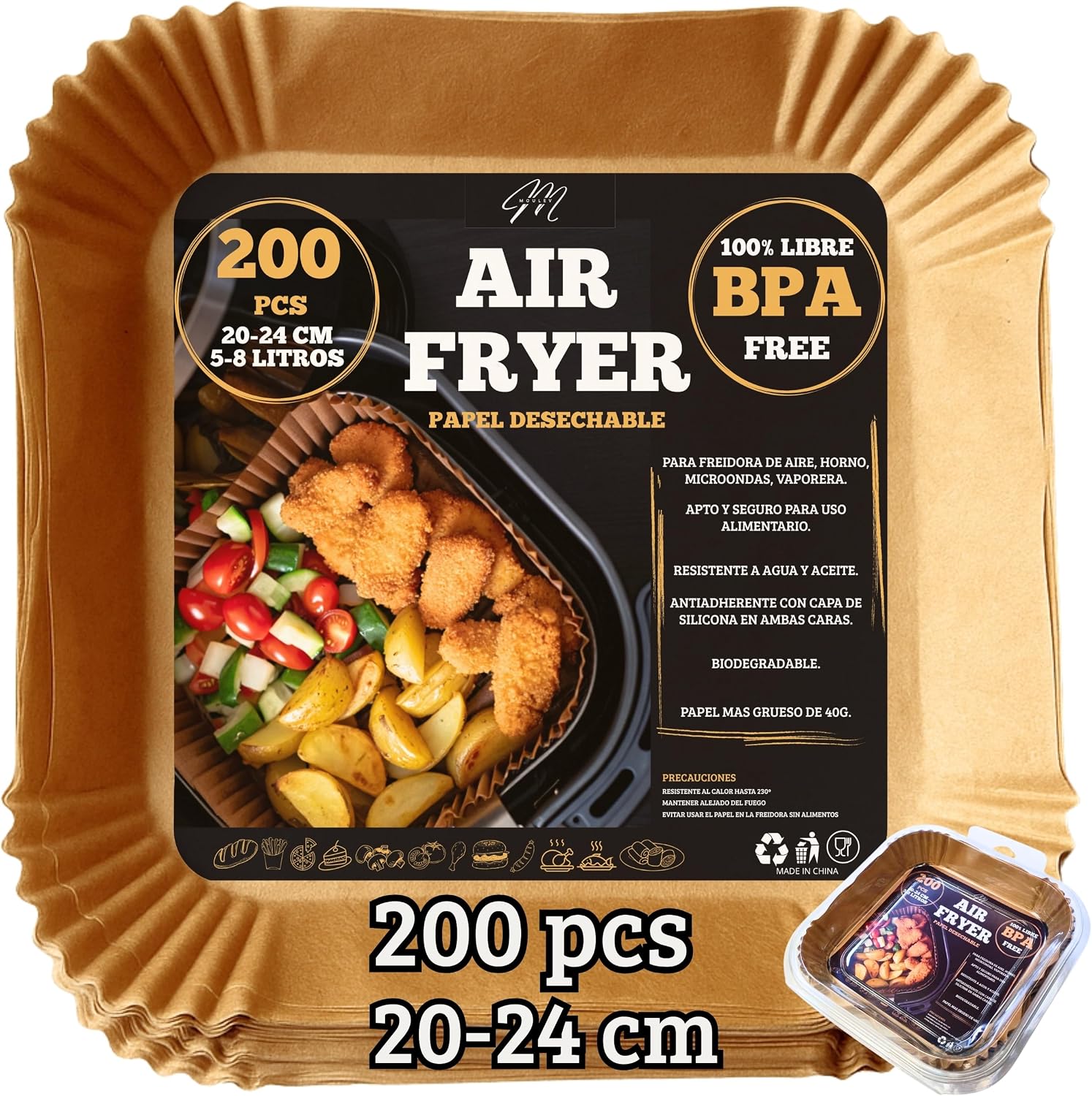 PAPEL AIR FRYER CUADRADO 200 Uds 20–24 Cm - Sin BPA Air Fryer Papel Air fryer Antiadherente - Modelo PREMIUM Profesional - Eco Desechable - Compatible con Cosori y Cecotec - 5-8 Litros.