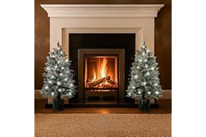 MARCO PAUL INTERIORS Marco Paul Set Of 2 Pre Lit LED Frosted Mini Christmas Trees - 3ft Artificial Pine Small Christmas Tree With Lights - Battery Operated Christmas Decorations For Indoor Fireplace