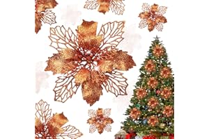 Shining She 10pcs Christmas Glitter Poinsettia Flowers Ornament, 5.9inch Artificial Christmas Flowers for Xmas Party Decoration, Xmas Tree Ornaments Decor, Bronze