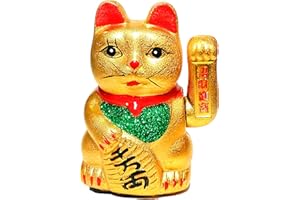 OCEANO Gatto fortunato cinese con pompa in movimento a batteria. ceramica 7" H = 16 cm x 12 x 9 cm, oro