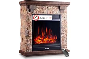 KAMINIO Camino elettrico Juan - Caminetto elettrico a pavimento in effetto pietra con riscaldamento, effetto fiamma 3D, telecomando (Beige)