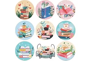 XXXCHENGJIA 8 Pcs Book Diamond Art Coasters Kit for Adults, Book Lovers Wooden Coffee Diamond Painting Coasters with Holder, 5D Gem Art Dots Painting Coaster with Cork Pads - Crafts Supplies for Home Decor